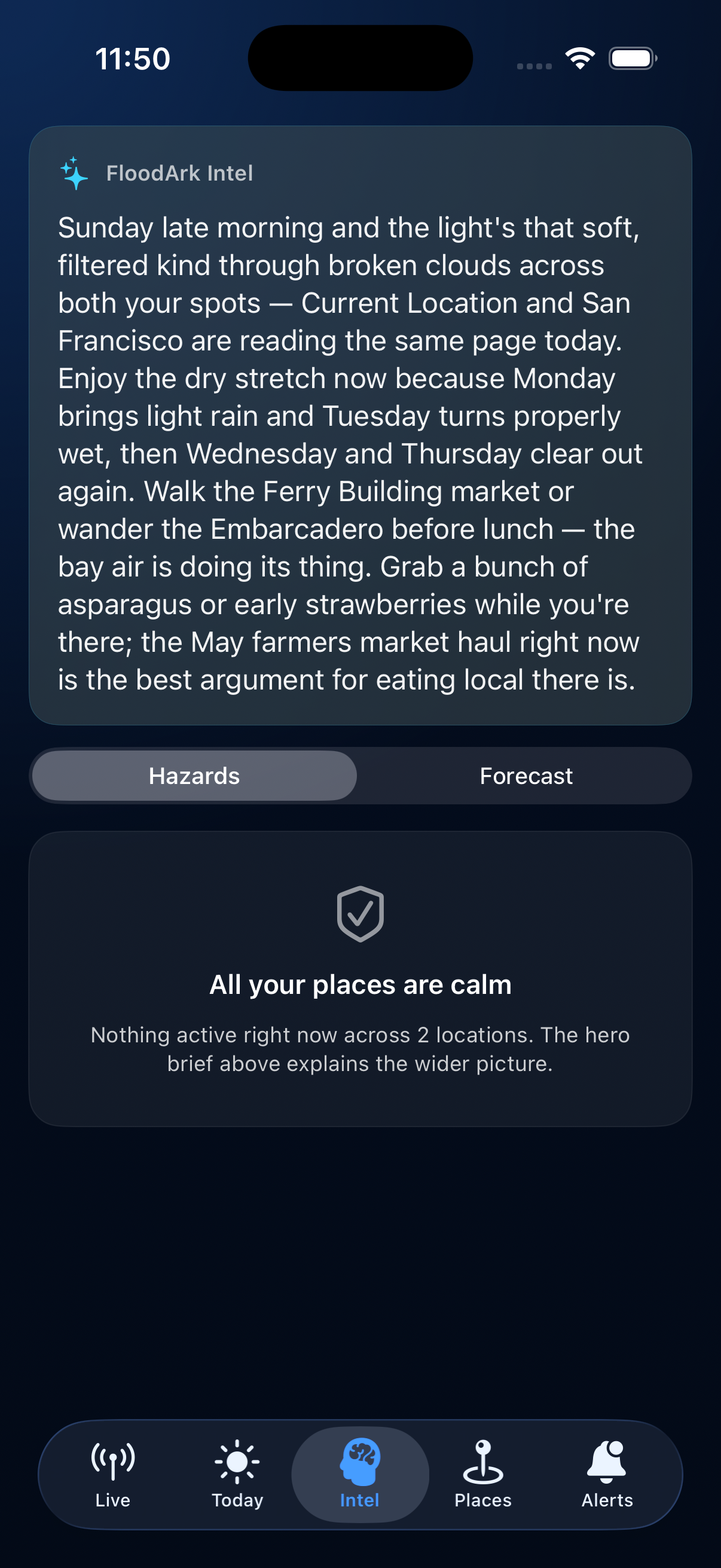 A real morning brief covering Current Location and San Francisco — pointing the user to the Ferry Building market and noting seasonal produce