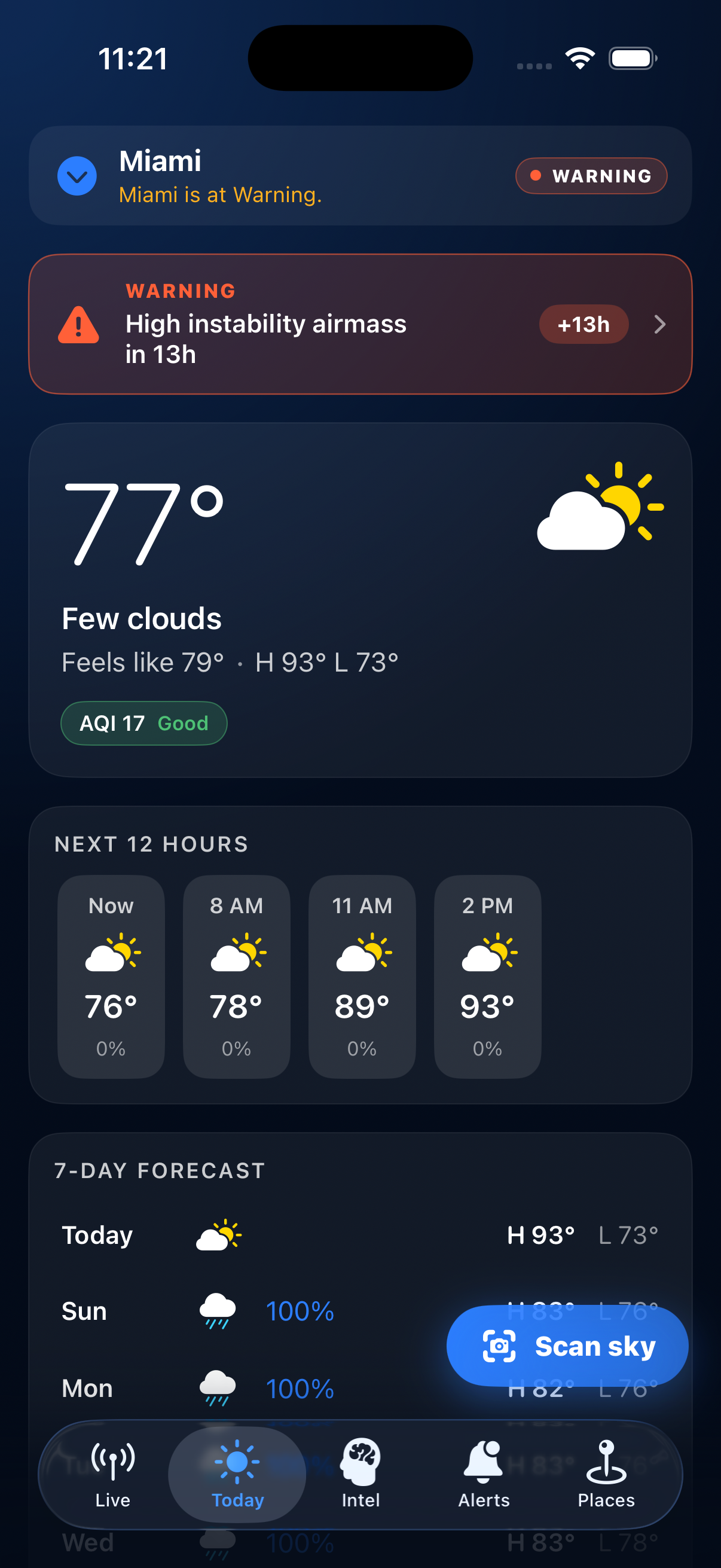A weather warning shown on the Today tab when the radar shows something nearby